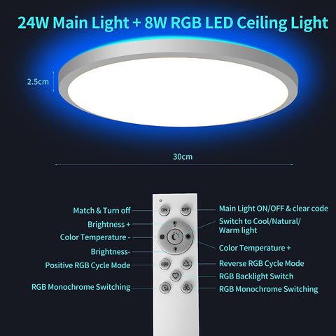Luz de techo LED regulable RGB 3000K-6500K Luz de techo LED redonda para baño IP54 impermeable para baño, dormitorio, sala de estar, cocina ?30CM