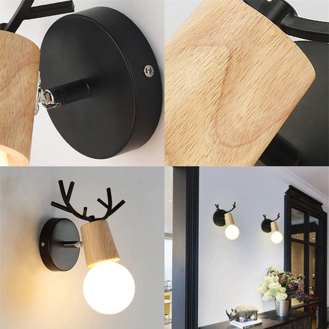 Lámpara de pared retro, paquete de 2, lámpara de pared de madera con diseño de asta creativa, iluminación de pared de metal vintage, lámparas de pared interiores ajustables para sala de estar, dormitorio, pasillo, decoración moderna