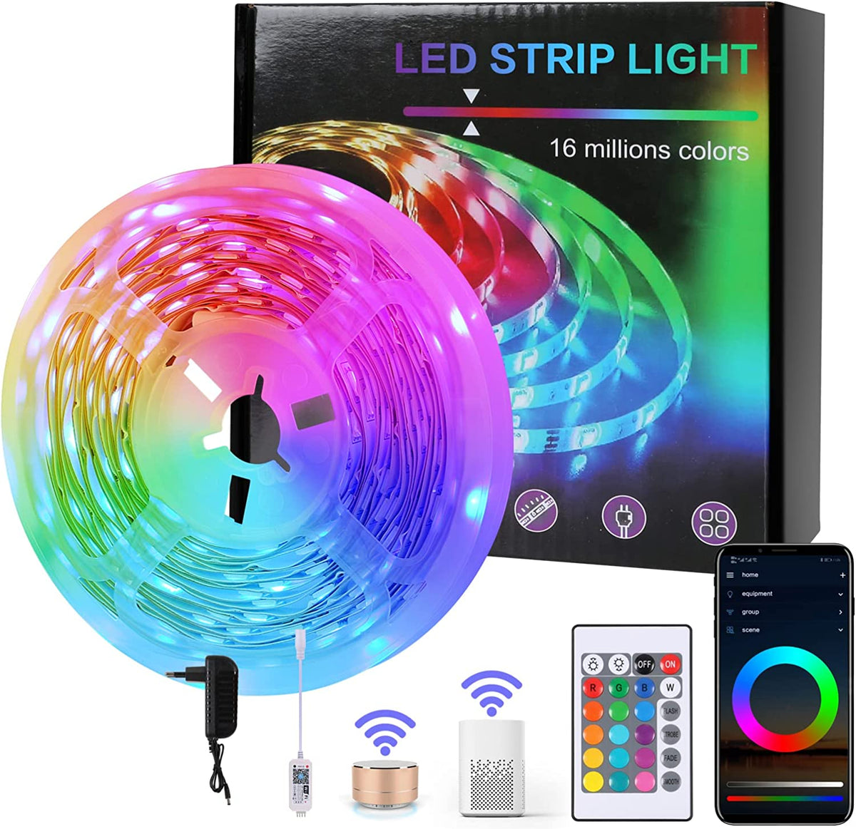 Tira LED WiFi de 5M, Tira de Luz LED Inteligente RGB 5050 12V Compatible con Alexa y Google Home, Iluminación Multicolor con Control de App y Control Remoto de Sincronización de Música, para Bar de Fiesta en Dormitorio