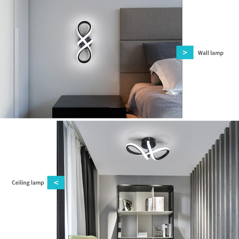 Lámpara de techo LED moderna Lámpara de pared LED de 20 W Forma de 8 Lámparas de pared Blanco frío 6000 K para dormitorio, sala de estar, pasillo, entrada negro