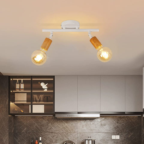 Lámpara de Techo LED 2 Puntos Ajustables, Lámpara de Techo LED Blanca Madera, Iluminación de Techo Interior para Cocina, Sala de Estar, Dormitorio, Pasillo, Sin Bombillas, Máx. 60W