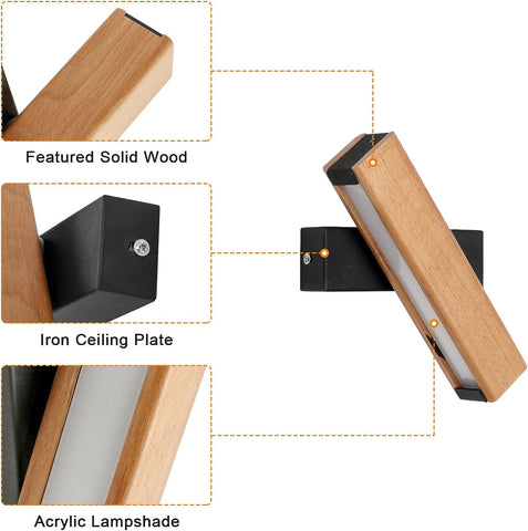 Lámpara de pared LED de madera, lámpara de pared rectangular moderna giratoria, blanco frío 6000K 4,5 W para dormitorio, sala de estar, pasillo, entrada