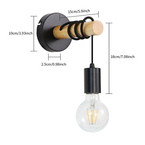 Aplique de pared vintage, foco de pared de diseño industrial retro de madera, casquillo E27 de 10 vatios máx., iluminación interior para sala de estar, dormitorio, comedor, pasillo, bar, negro (sin bombilla)