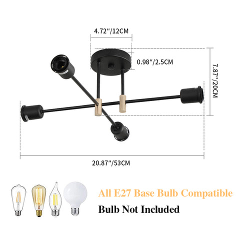 Lámpara de araña Sputnik moderna, lámpara colgante industrial de 4 luces, lámpara de techo de montaje semiempotrado E27 para comedor, sala de estar, cocina, oficina, cafetería, restaurante (bombilla no incluida)