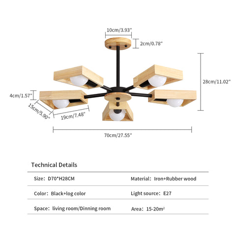 Lámpara colgante de madera, lámpara de araña para sala de estar, lámpara para iluminación interior, luces colgantes geométricas de cinco luces de madera para 5 bombillas E27 (sin bombilla)