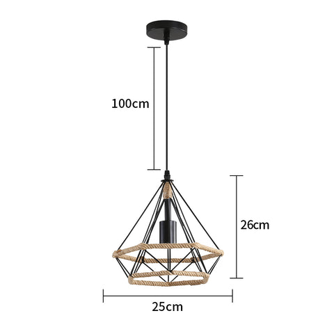 Lámpara de techo con jaula de cuerda de cáñamo, lámpara colgante industrial, cuerda de cáñamo con forma de diamante de 25cm