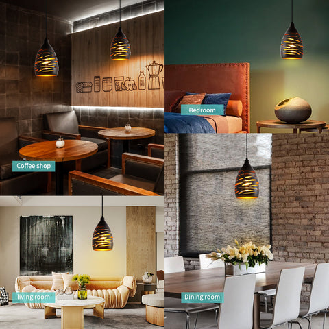 Lámpara colgante LED moderna, lámpara de techo tallada hueca industrial, lámpara de techo, colgante de jaula de metal, pantalla negra, lámpara E27 para sala de estar, cocina, pasillo, restaurante, loft, cafetería, bar