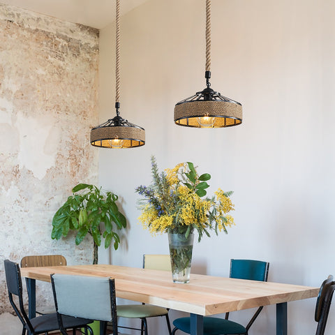 GOECO Lámpara de Cuerda de Cáñamo, Lámpara Colgante de Metal Negro Retro, Lámparas Colgantes de Campo, Lámpara de Techo de Pasillo E27 Accesorio de Iluminación para Sala de Estar Dormitorio Decorar el Hogar 220V