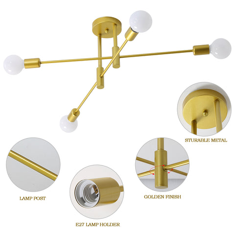 Lámpara de techo industrial, lámpara de techo retro, candelabros LED modernos de metal E27 dorado de 4 lámparas para dormitorio, sala de estar, cocina, oficina, cafetería, restaurante