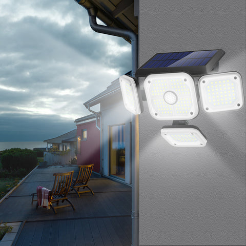 Lámpara solar para exteriores Detector de movimiento, 4 cabezales 231 LED Luz solar para exteriores con control remoto IP65 Iluminación solar para exteriores a prueba de agua 3 modos de punto Proyector solar LED Jardín Blanco frío