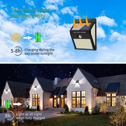 4 Uds colector Solar luz al aire libre 220 LED Sensor de movimiento lámpara de pared LED para patio jardín pasillo terraza cerrar pared camino Patio Villa