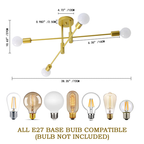 Lámpara de techo industrial, lámpara de techo retro, candelabros LED modernos de metal E27 dorado de 4 lámparas para dormitorio, sala de estar, cocina, oficina, cafetería, restaurante