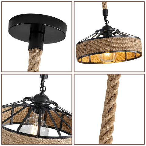 GOECO Lámpara de Cuerda de Cáñamo, Lámpara Colgante de Metal Negro Retro, Lámparas Colgantes de Campo, Lámpara de Techo de Pasillo E27 Accesorio de Iluminación para Sala de Estar Dormitorio Decorar el Hogar 220V