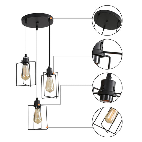 E27 Lámpara colgante industrial Lámpara de techo vintage 3 luces Lámpara colgante de jaula de metal Estilo retro Decorativo para cocina Dormitorio Comedor