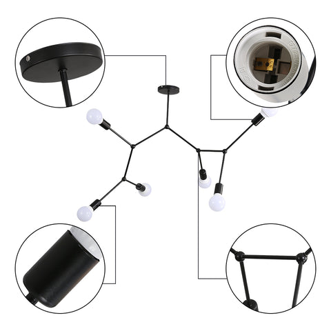 Lámpara de techo E27, candelabros de varios cabezales, iluminación moderna negra para sala de estar, dormitorio
