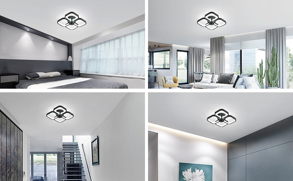 Lámpara de techo LED, lámpara de techo acrílica de metal rectangular moderna, lámpara de techo de 32 W, lámpara de techo de oficina de 24 cm de diámetro para dormitorio, sala de estar, comedor, pasillo negro