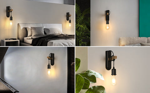 Apliques de madera E27, aplique LED retro, lámpara de noche de pared para dormitorio, sala de estar, escalera, máximo 40W